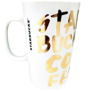 Starbucks 2015 White Gold Graffiti Lettering Ceramic Coffee Cup Mug 16 oz Large